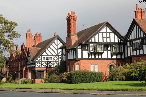 Half-timbered building with varied chimneys at Port Sunlight. Liverpool, England.