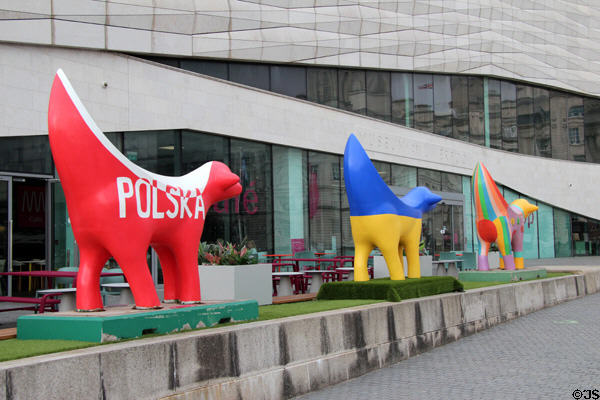 Superlambanana (cross between lamb & banana exports & imports) street sculpture art (2008) outside Museum of Liverpool. Liverpool, England.