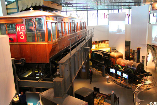 Liverpool Overhead Railway car over transport exhibits at Museum of Liverpool. Liverpool, England.