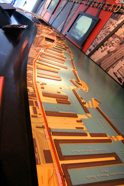 Display map of Liverpool port waterfront as served with red line of Liverpool Overhead Railway at Museum of Liverpool. Liverpool, England.