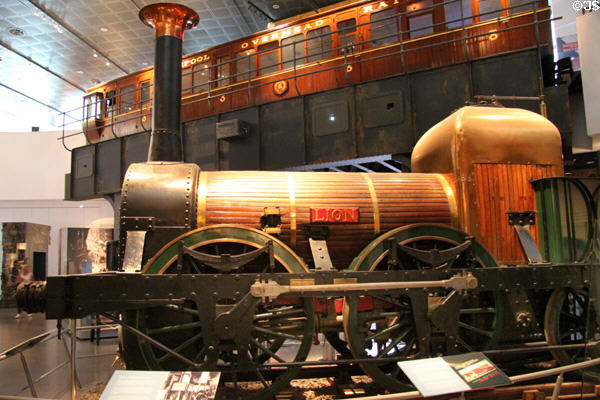 Steam locomotive Lion (1838) with Liverpool Overhead Railway car at Museum of Liverpool. Liverpool, England.