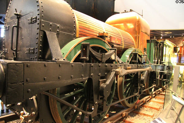 Massive wheels of steam locomotive Lion (1838) by Todd, Kitson & Laird at Museum of Liverpool. Liverpool, England.