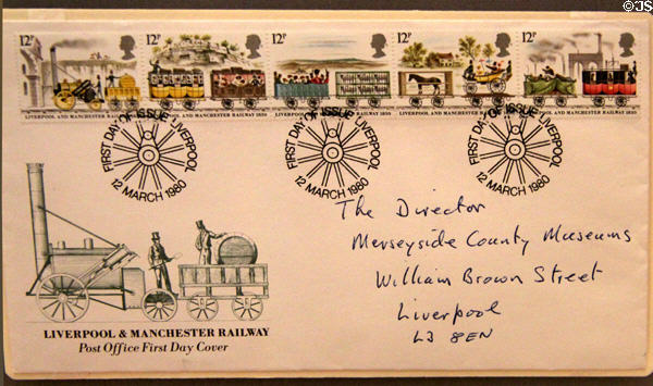 Liverpool & Manchester Railway first day cover of stamp set (1980) at Museum of Liverpool. Liverpool, England.