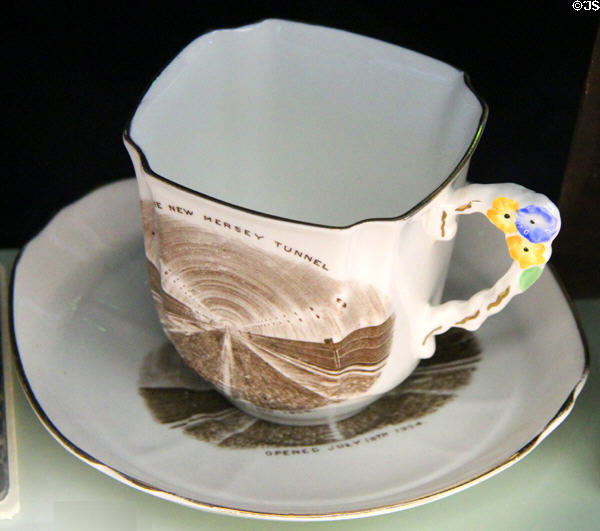 Liverpool Queensway Tunnel commemorative teacup & saucer (1934) at Museum of Liverpool. Liverpool, England.