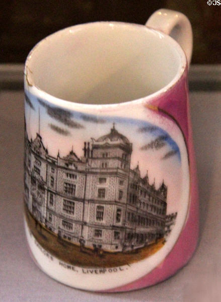 China tankard printed with Liverpool Sailors' Home (c1880) at Museum of Liverpool. Liverpool, England.