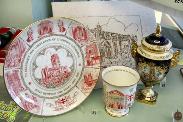 Liverpool Cathedral opening commemorative pottery (1978) by Coalport at Museum of Liverpool. Liverpool, England.
