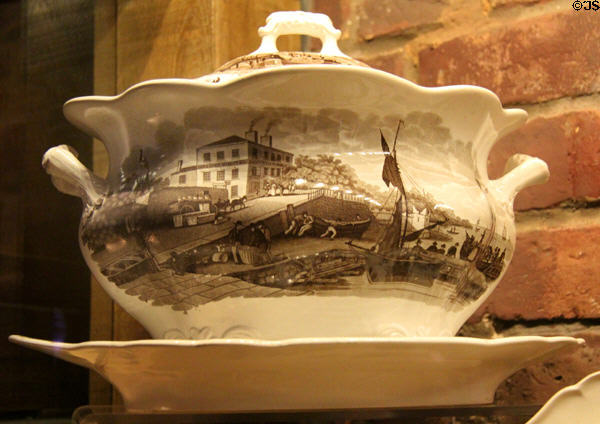 Birkenhead coastal scene with tall ships docked off Liverpool transfer printed on covered soup tureen (mid 19thC) at Museum of Liverpool. Liverpool, England.