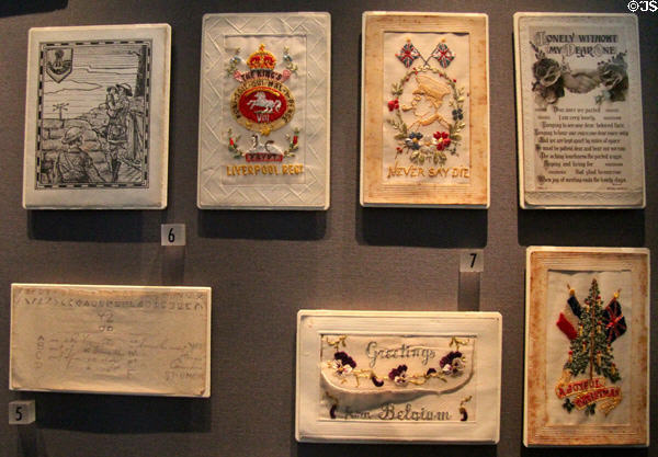 Embroidered post cards made by refugees in WWI (1914-9) at Museum of Liverpool. Liverpool, England.