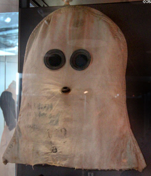 British flannelette bag respirator to protect against gas warfare in WWI (1914-9) at Museum of Liverpool. Liverpool, England.