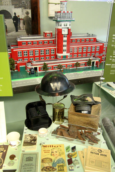 Liverpool Speke airport model (opened 1933) plus objects related to WWII at Museum of Liverpool. Liverpool, England.