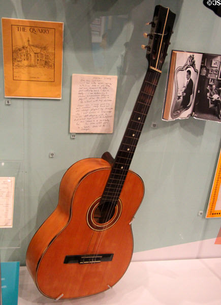 Stuart Sutcliffe's acoustic guitar (c1957) in Beatles exhibit at Museum of Liverpool. Liverpool, England.