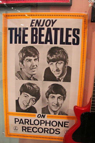 Beatles Parlophone Records poster (c1962) a label run by George Martin in Beatles exhibit at Museum of Liverpool. Liverpool, England.