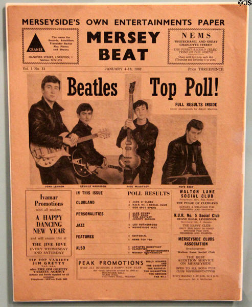 Merseybeat newspaper (1962) in Beatles exhibit at Museum of Liverpool. Liverpool, England.