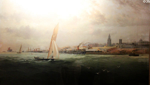 Liverpool Landing Stage painting (1893) by WF Preston shows world's largest floating pier so boats can land at any tidal level at Merseyside Maritime Museum. Liverpool, England.