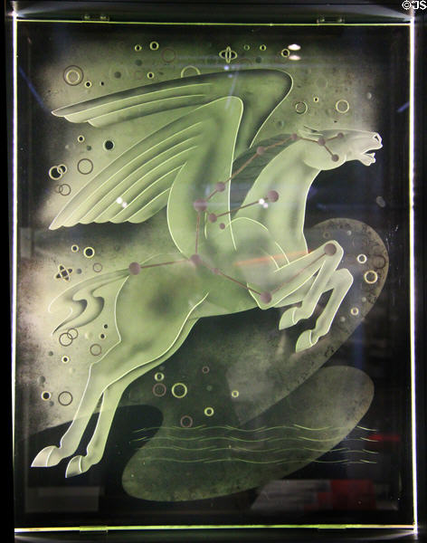 Mauretania II first class dining room glass panel (1930s) shows constellation Pegasus at Merseyside Maritime Museum. Liverpool, England.