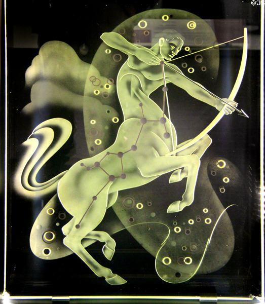 Mauretania II first class dining room glass panel (1930s) shows constellation Sagittarius at Merseyside Maritime Museum. Liverpool, England.