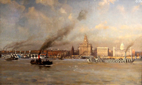 Dazzle Painted Ships in Mersey River, off Liverpool Waterfront painting (c1918) by Leonard Campbell Taylor at Merseyside Maritime Museum. Liverpool, England.