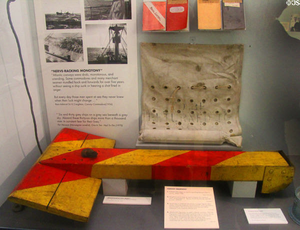 Mackworth fog buoy (1939-45) as pulled by convoy ships to push up visible rooster tail water fountains making ship visible to following ships to prevent collisions in fogs at Merseyside Maritime Museum. Liverpool, England.