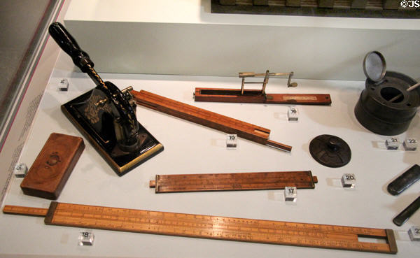 Early Customs & Excise tools (17thC on) used to measure & record imported goods at Merseyside Maritime Museum. Liverpool, England.