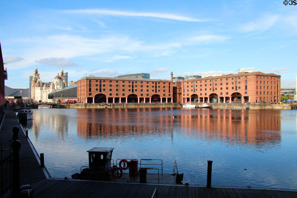 Royal Albert Dock (1846) designed so sailing ships could dock & load at a secure warehouse row built in a square around a protected basin. Liverpool, England. Architect: Jesse Hartley, Philip Hardwick.