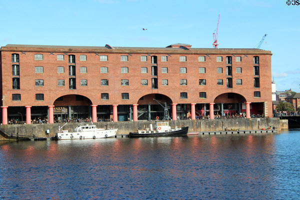 Royal Albert Dock warehouse (1846) built entirely of iron, brick & stone to be fireproof, thus becoming a dock of choice for high value cargo like silks cotton, ivory, tea, tobacco, sugar. Liverpool, England.