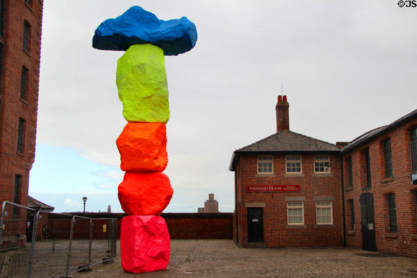 Colorful sculpture & Mermaid House at Royal Albert Docks. Liverpool, England.