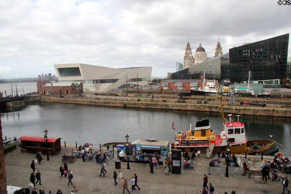 Liverpool port fabric with Museum of Liverpool, Three Graces, Mann Island project & museum ships. Liverpool, England.