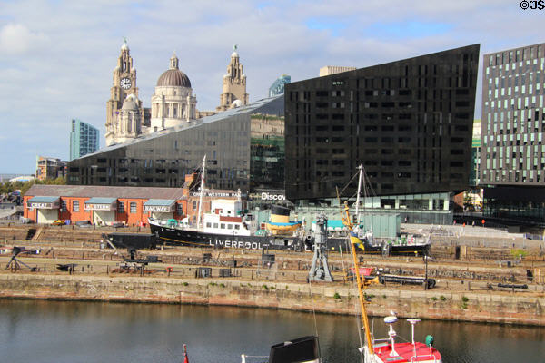 Liverpool port fabric with Three Graces, Mann Island project & museum ships. Liverpool, England.