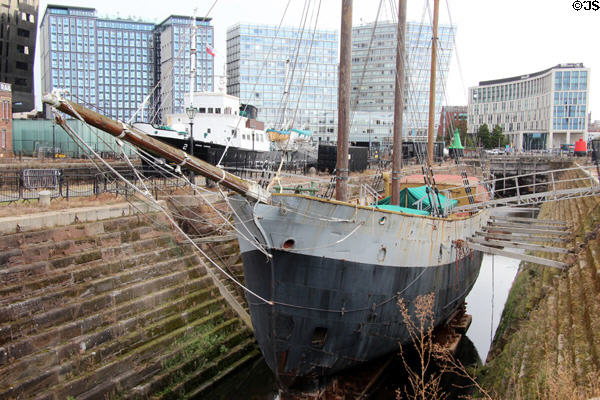 Heritage ships at Pier Head area with modern highrises beyond. Liverpool, England.