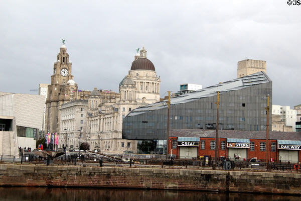 The Three Graces buildings & black glass Mann Island Buildings on Pier Head. Liverpool, England.