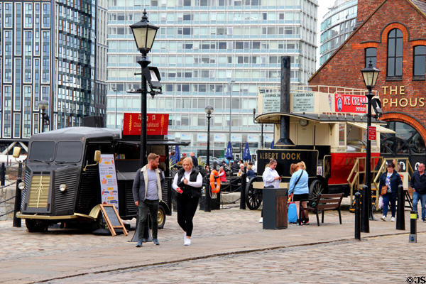 Food stands in antique vehicles at Albert Dock. Liverpool, England.