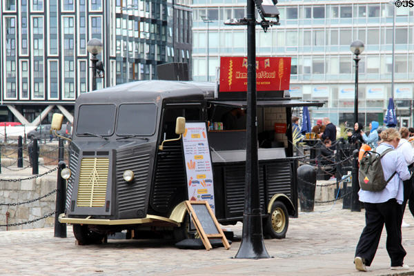 Antique Renault truck serves Korean food at Albert Dock. Liverpool, England.