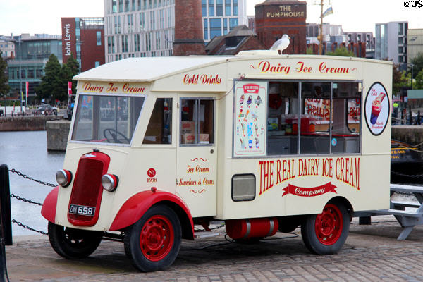 Antique Commer N1 truck (1938) serves ice cream at Albert Dock. Liverpool, England.