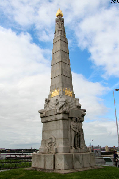 Originally a memorial to engineers who remained at their posts during sinking of RMS Titanic by Sir William Goscombe John, it was expanded to honor all Heroes of Marine Engine Rooms. Liverpool, England.