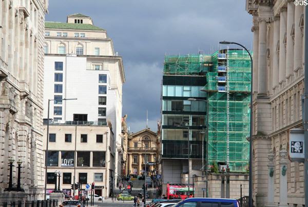 Looking up Brunswick Street from the Strand to core of Liverpool. Liverpool, England.