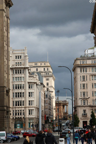 Looking up Water Street from the Strand to Liverpool Town Hall with steps. Liverpool, England.