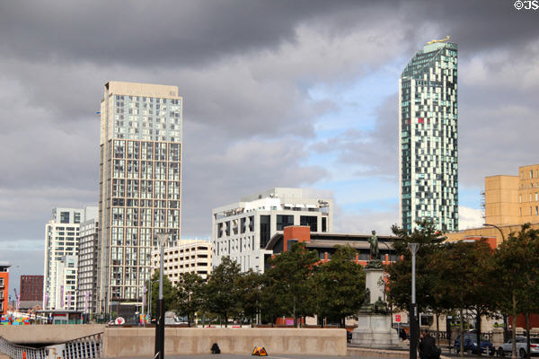 The Lexington (2021) (35 floors) & Beetham West Tower (2008) (40 floors) mark skyline along Princess Dock section of Mersey River. Liverpool, England.