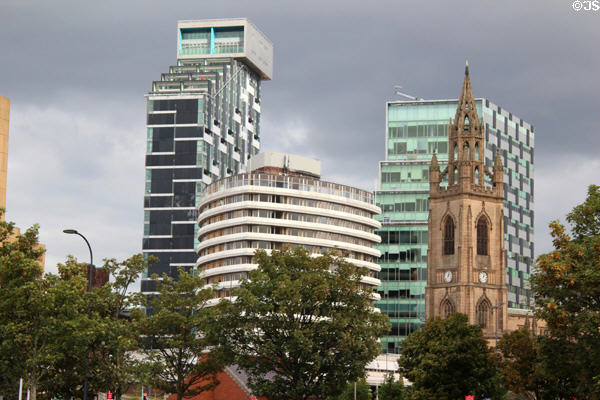 Unity Residential towers (2007) beyond Mercure Hotel beside Our Lady & St Nicholas Church. Liverpool, England.