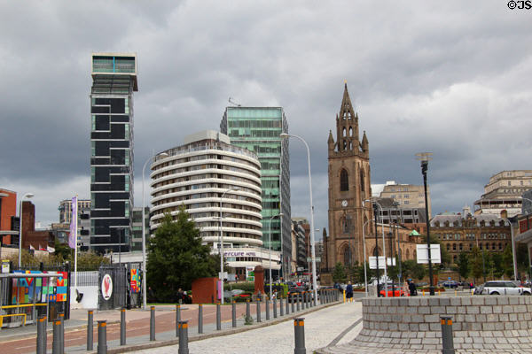 Unity Residential towers (2007) beyond Mercure Hotel beside Our Lady & St Nicholas Church. Liverpool, England.