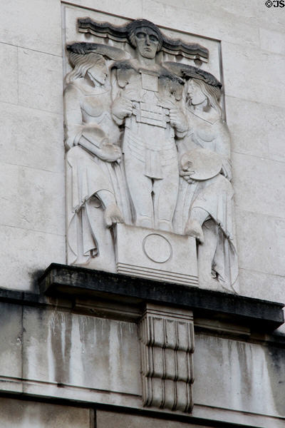 Art Deco shield on George's Dock Ventilation Building for Queensway Tunnel (1934). Liverpool, England.