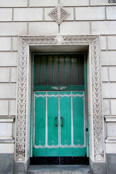 Art Deco entrance door on George's Dock Ventilation Building for Queensway Tunnel (1934). Liverpool, England.