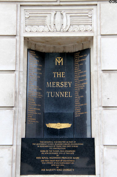 Art Deco memorial to those who died building Mersey Tunnel on George's Dock Ventilation Building for Queensway Tunnel (1934). Liverpool, England.