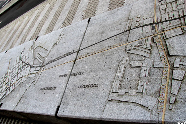 Bench before Ventilation Building for Queensway Tunnel carved with tunnel map. Liverpool, England.