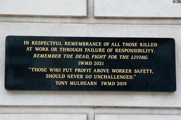 Memorial plaque to worker safety on George's Dock Ventilation Building for Queensway Tunnel. Liverpool, England.