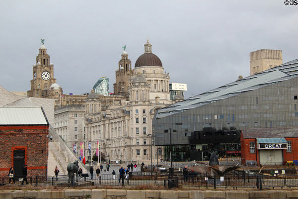 The Three Graces buildings & black glass Mann Island Buildings on Pier Head. Liverpool, England.