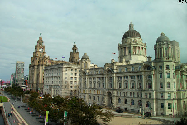 The Three Graces buildings on Pier Head. Liverpool, England.