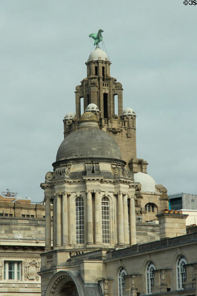 Towers of The Three Graces buildings. Liverpool, England.