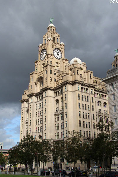 Royal Liver Building (1908-11) two clock towers crowned by mythical Liver Birds. Liverpool, England. Architect: Walter Aubrey Thomas.