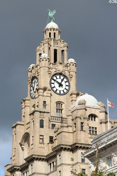 One of two clock towers crowned by mythical Liver Birds distinguishes Royal Liver Building (1908-11). Liverpool, England.