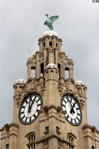 Mythical Liver Bird atop Royal Liver Building (1908-11) clock tower. Liverpool, England.